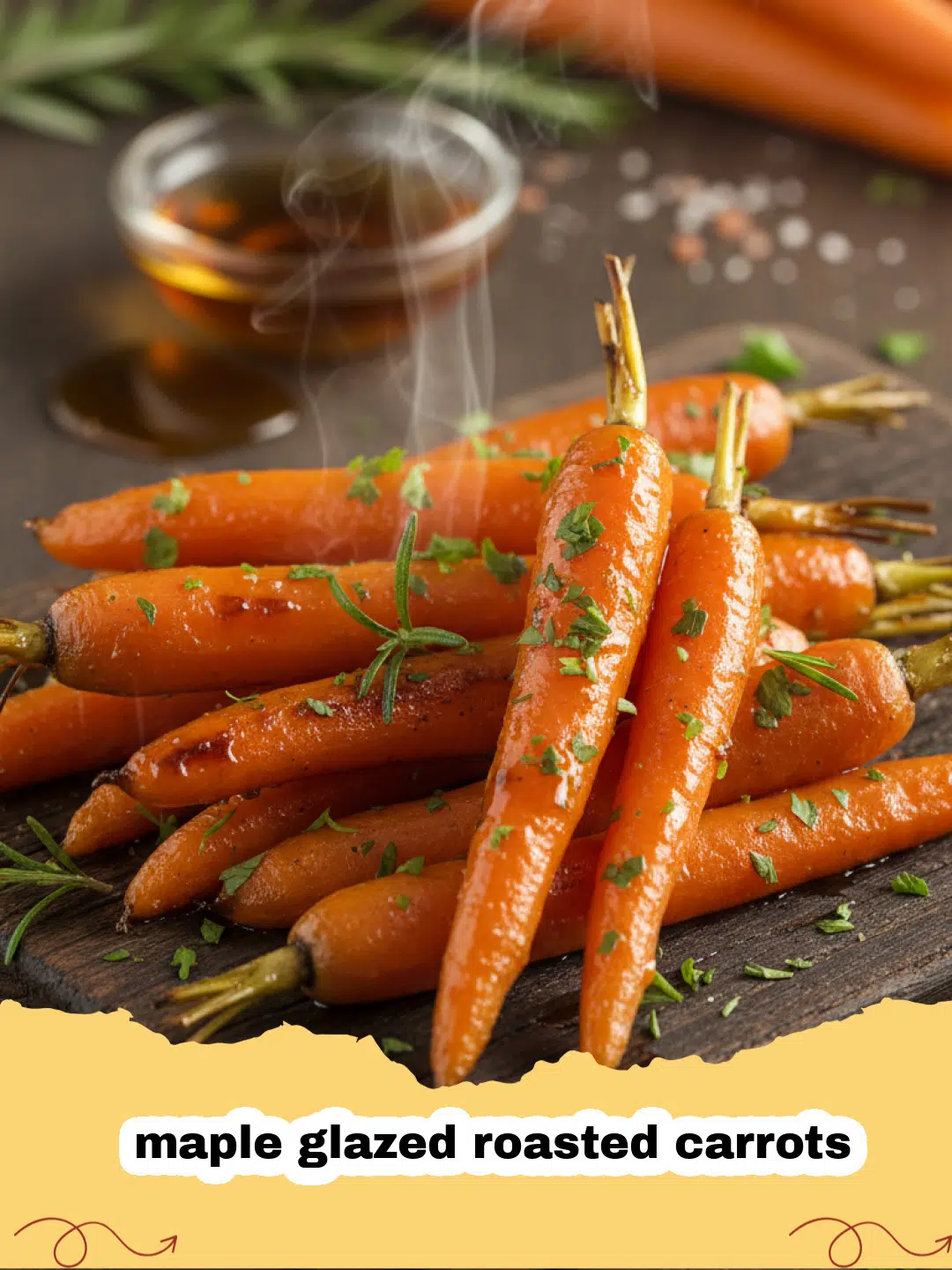 A tray of caramelized maple glazed roasted carrots garnished with fresh thyme