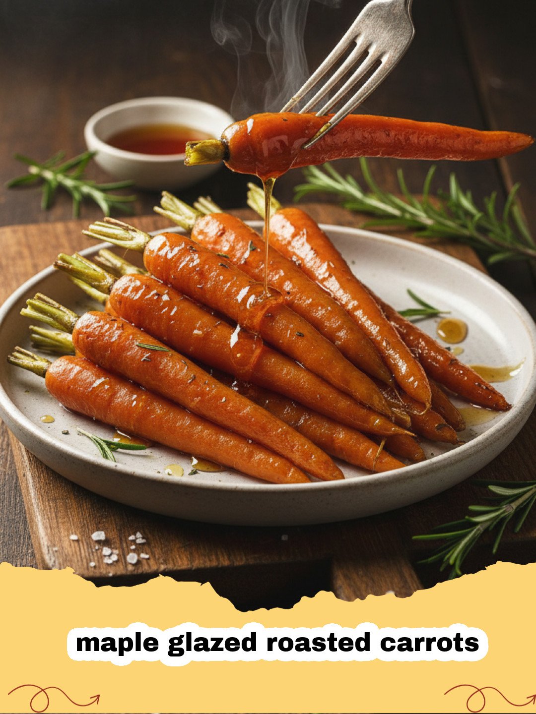 A tray of golden-brown maple glazed roasted carrots garnished with fresh herbs.