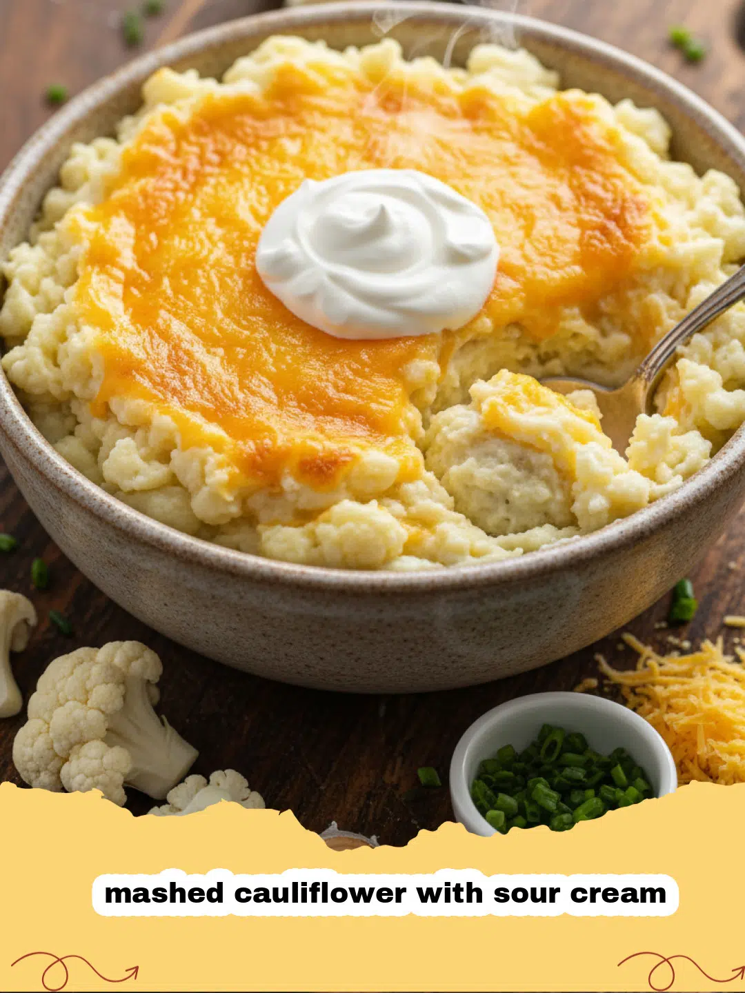 Close-up of creamy mashed cauliflower with sour cream in a white bowl, garnished with fresh chives.