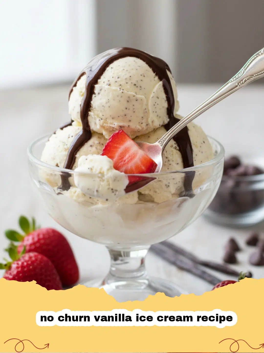 no churn vanilla ice cream recipe - A scoop of creamy homemade no churn vanilla ice cream in a bowl, garnished with a vanilla bean pod.