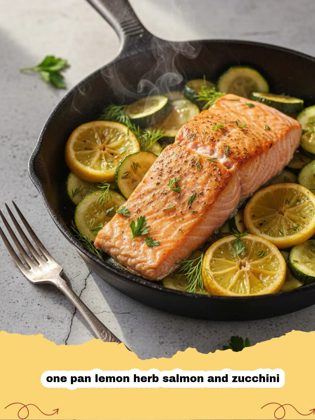 one pan lemon herb salmon and zucchini - One pan lemon herb salmon and zucchini baked on a sheet pan, garnished with fresh dill.