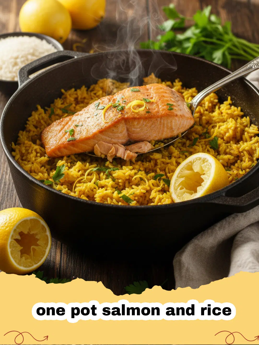 one pot salmon and rice - One pot salmon and rice with asparagus and lemon slices, served in a rustic Dutch oven.