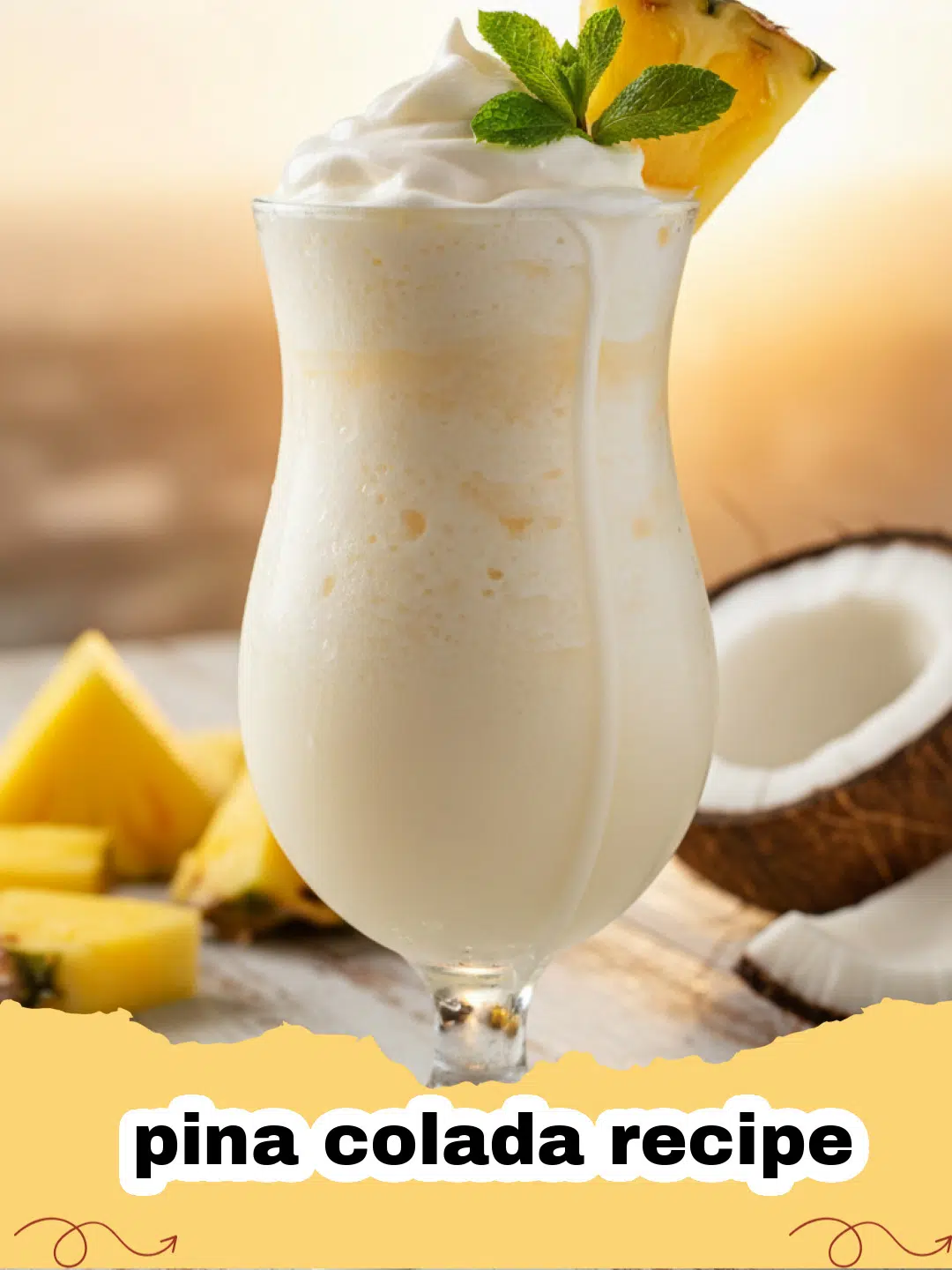pina colada recipe - Two frosty pina coladas garnished with pineapple wedges and cherries, set against a tropical background.