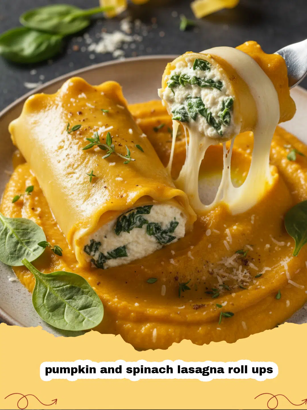 A close-up shot of golden-brown pumpkin and spinach lasagna roll ups in a baking dish topped with melted cheese and fresh herbs.