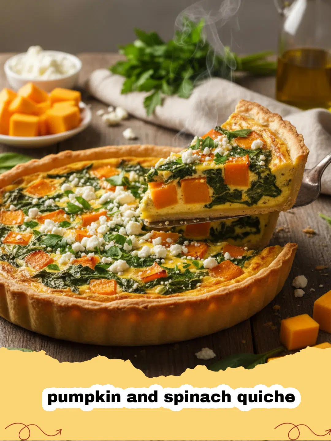 A close-up shot of a golden-brown pumpkin and spinach quiche on a wooden table.