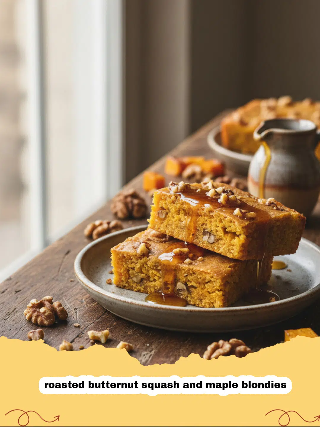 A stack of chewy roasted butternut squash and maple blondies on a wooden board.