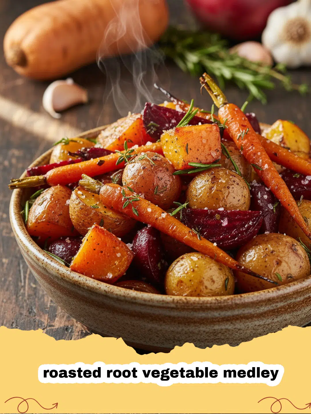A vibrant roasted root vegetable medley on a baking sheet with herbs