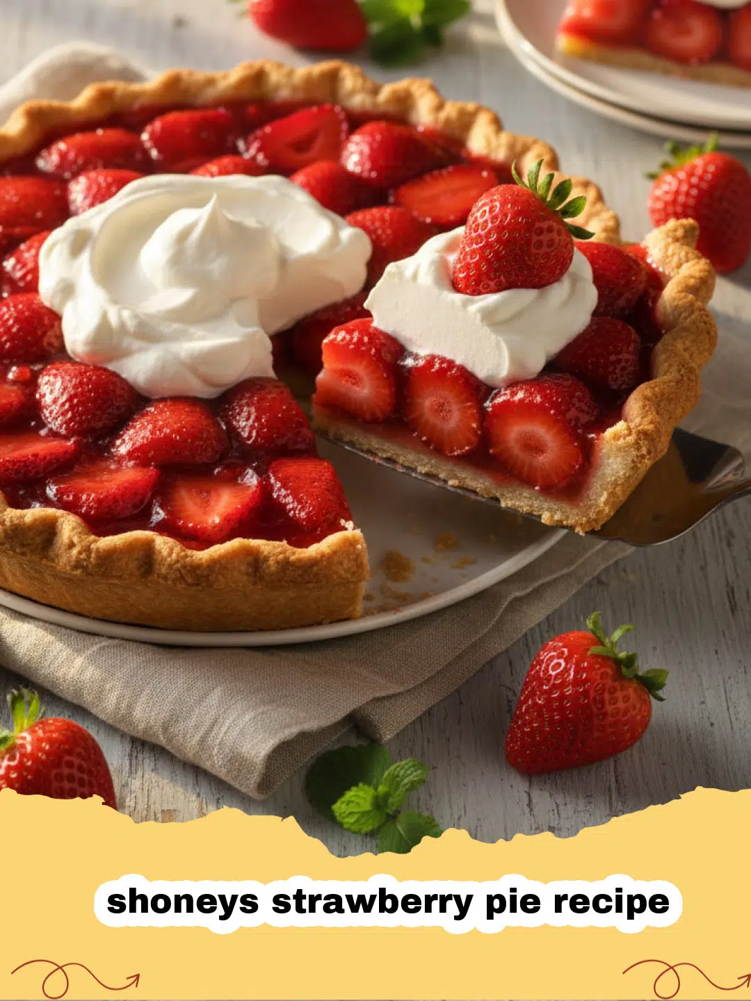 shoneys strawberry pie recipe - A vibrant, freshly baked Shoney's Strawberry Pie recipe, glistening with a sweet red glaze and topped with whole fresh strawberries, sitting on a white pie plate.