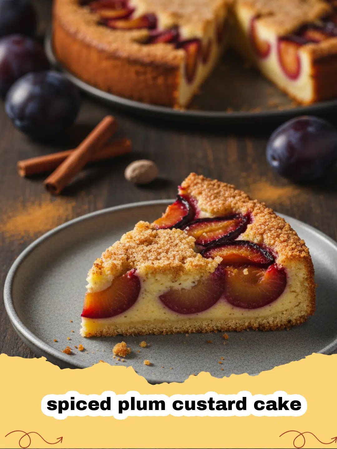 A slice of spiced plum custard cake with plums on top and a creamy custard layer.