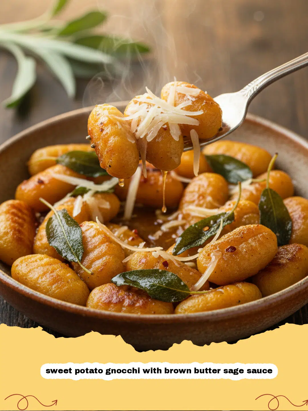 A close up shot of golden sweet potato gnocchi with brown butter sage sauce and parmesan cheese