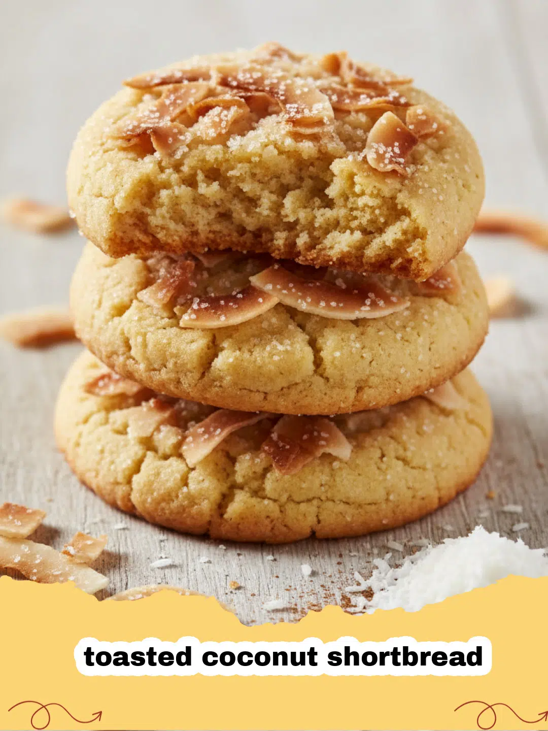 A plate of golden-brown toasted coconut shortbread squares, some stacked, with visible toasted coconut flakes and a crumbly texture.