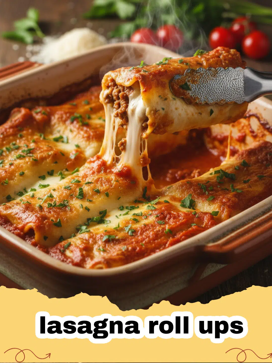 Close-up of baked lasagna roll ups in a casserole dish, topped with melted cheese and fresh basil.