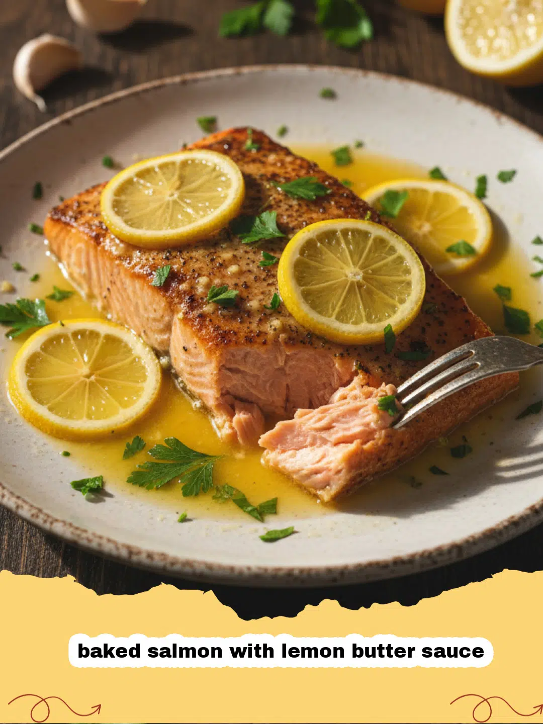 baked salmon with lemon butter sauce - Flaky baked salmon fillets with a vibrant lemon butter sauce, garnished with fresh dill and lemon slices.