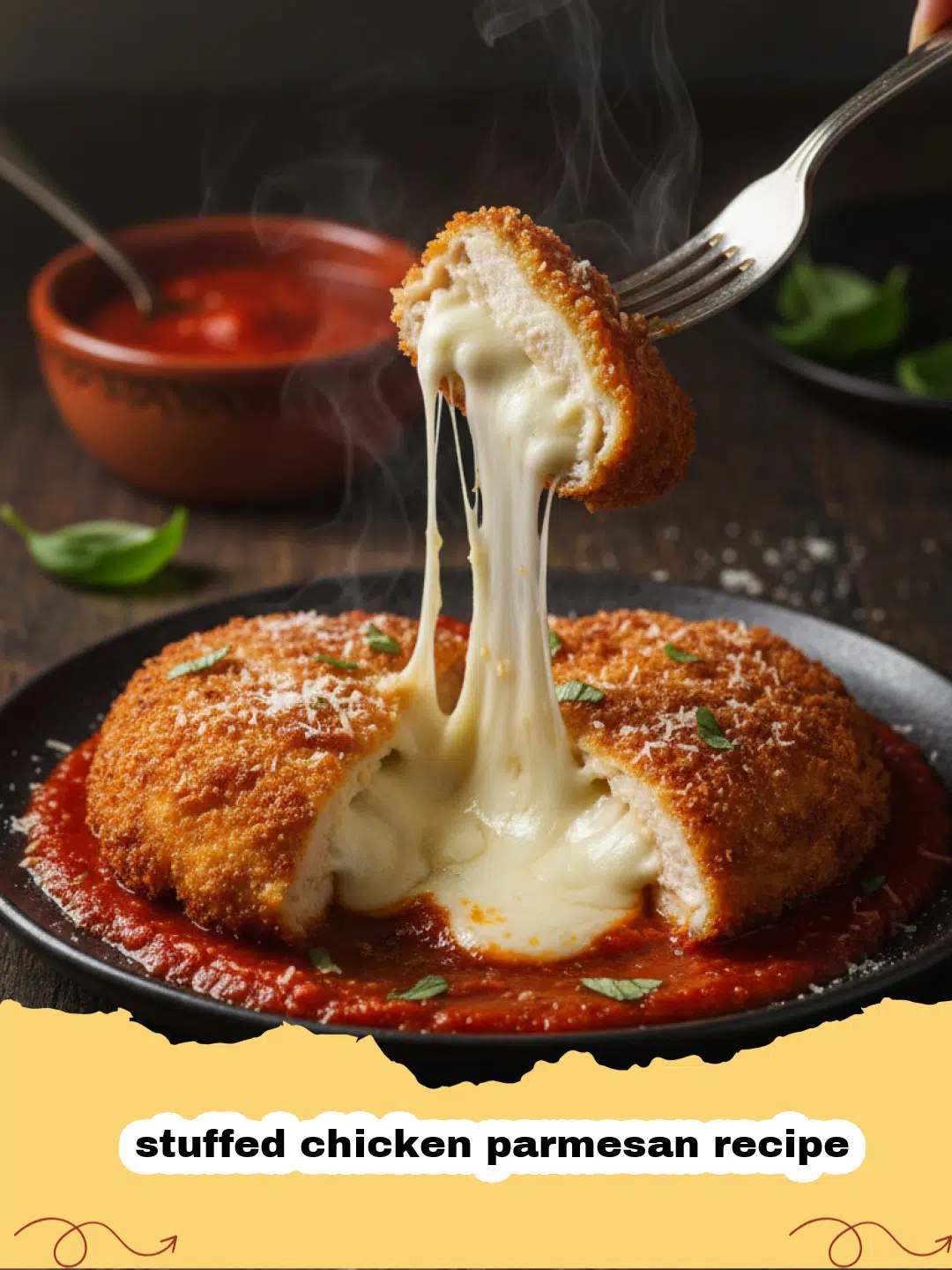 stuffed chicken parmesan recipe - Golden-brown stuffed chicken parmesan cut open to reveal a creamy ricotta and spinach filling, covered in melted mozzarella and marinara sauce.