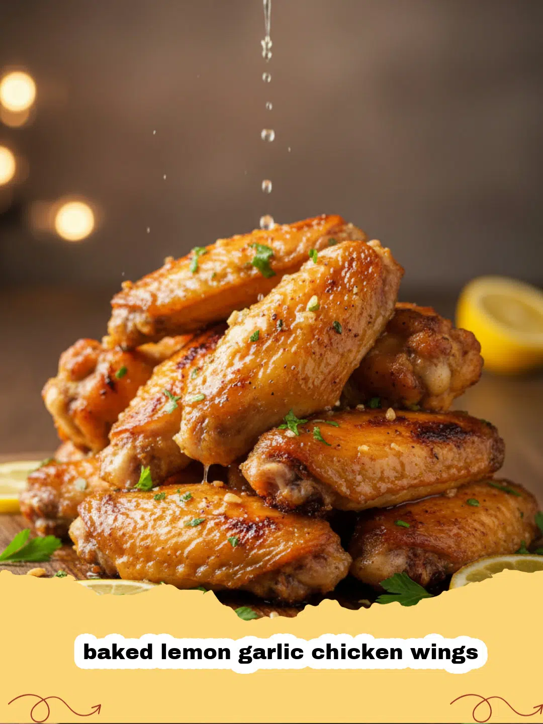 Close-up of crispy baked lemon garlic chicken wings garnished with fresh parsley and lemon wedges on a white platter.