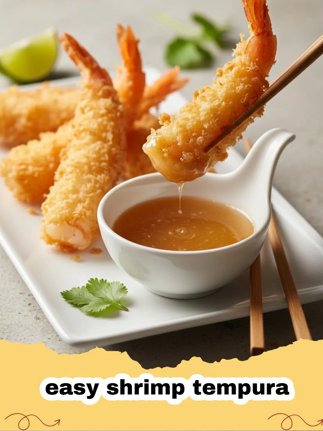 Platter of golden brown and crispy easy shrimp tempura with a side of dipping sauce and lemon wedges.
