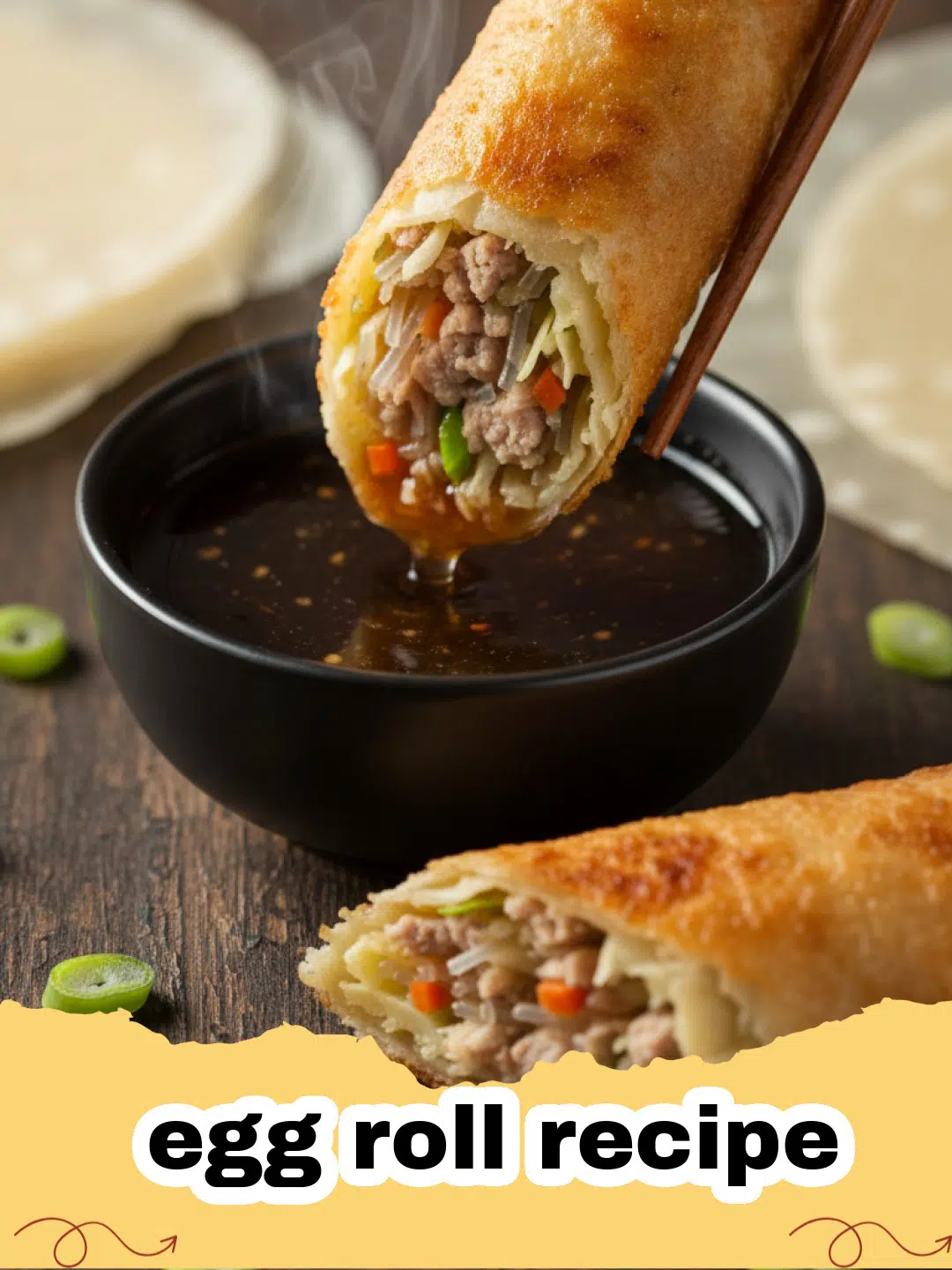 egg roll recipe - Golden brown crispy homemade egg rolls on a cooling rack with dipping sauce.