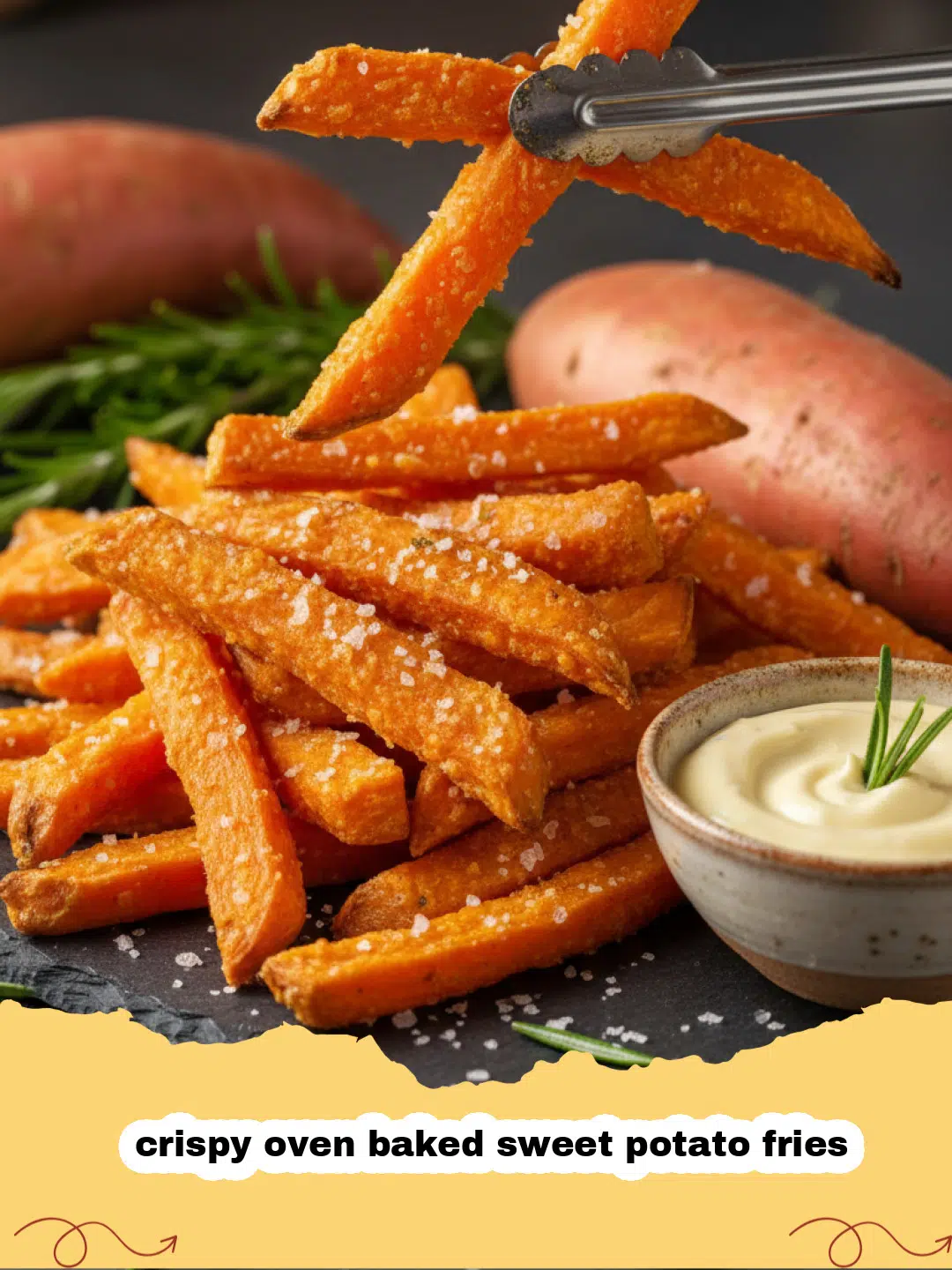 Pile of crispy oven baked sweet potato fries on a baking sheet with a dipping sauce.