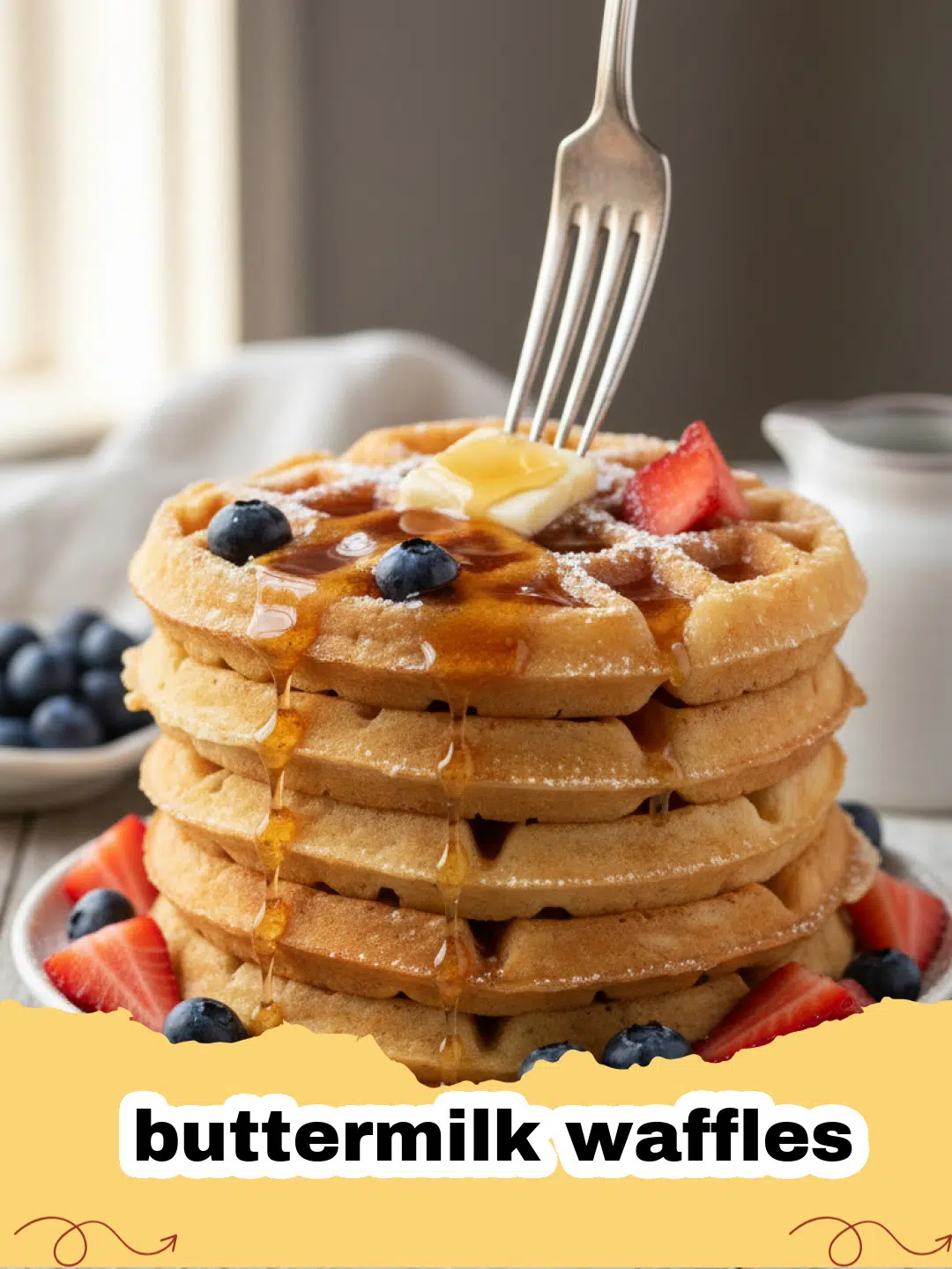 Stack of golden-brown fluffy buttermilk waffles topped with fresh berries and maple syrup