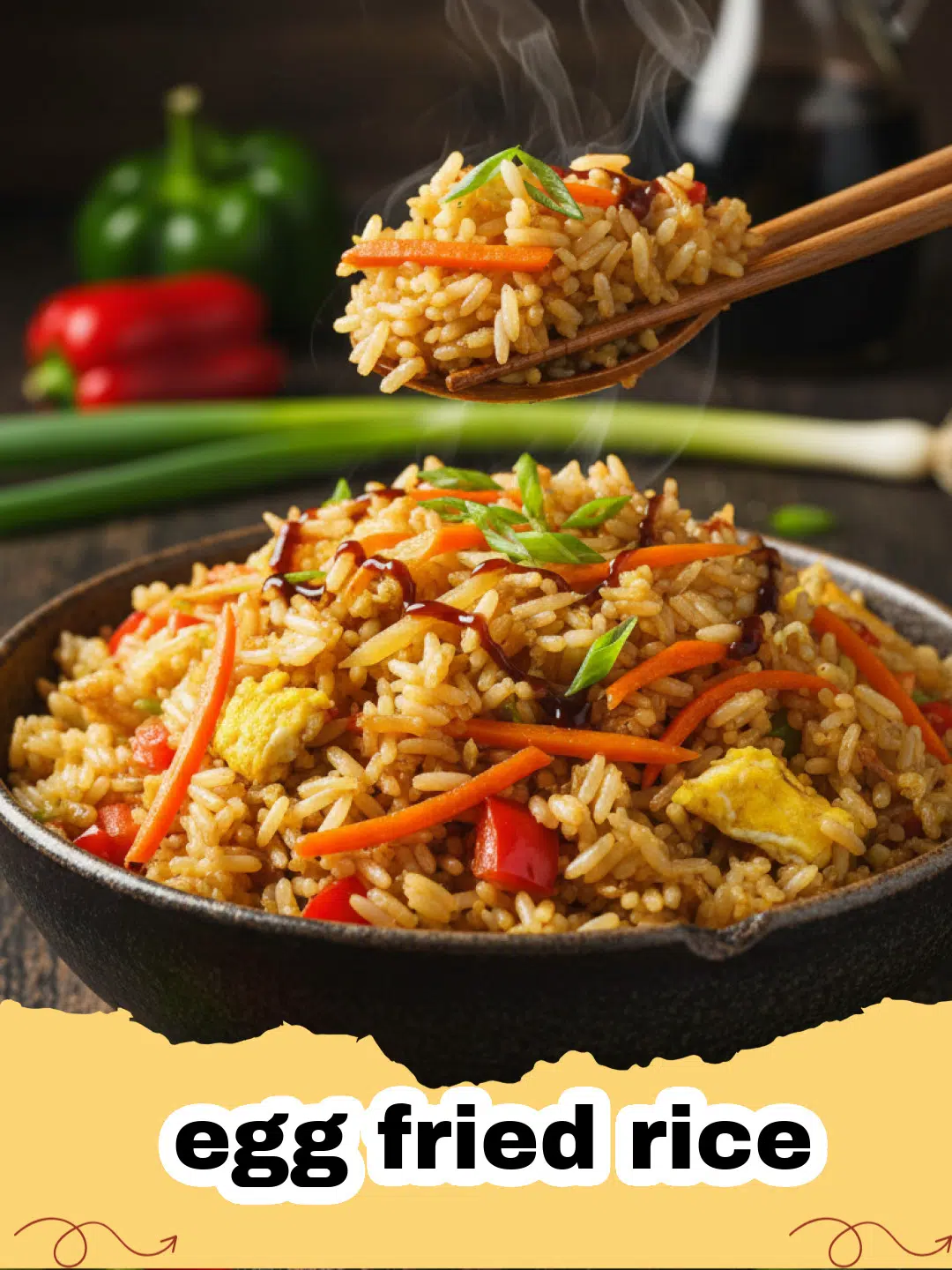 A vibrant plate of classic egg fried rice with fluffy eggs, green onions, peas, and carrots, served in a wok.