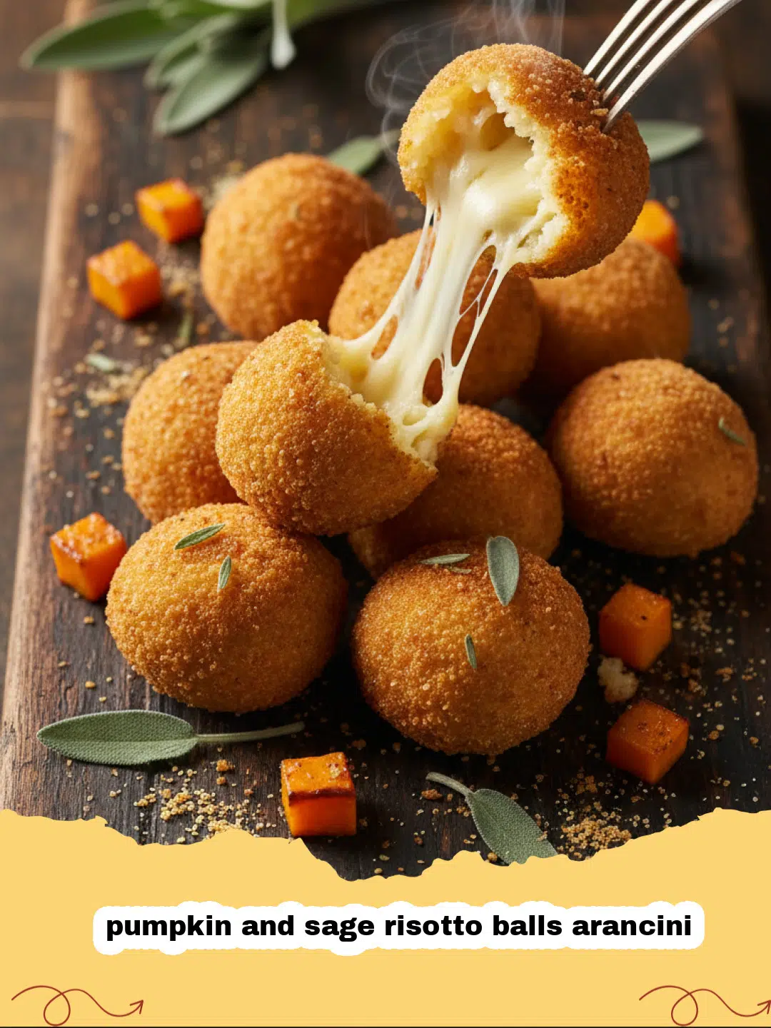 Golden brown crispy pumpkin and sage risotto balls arancini on a white platter