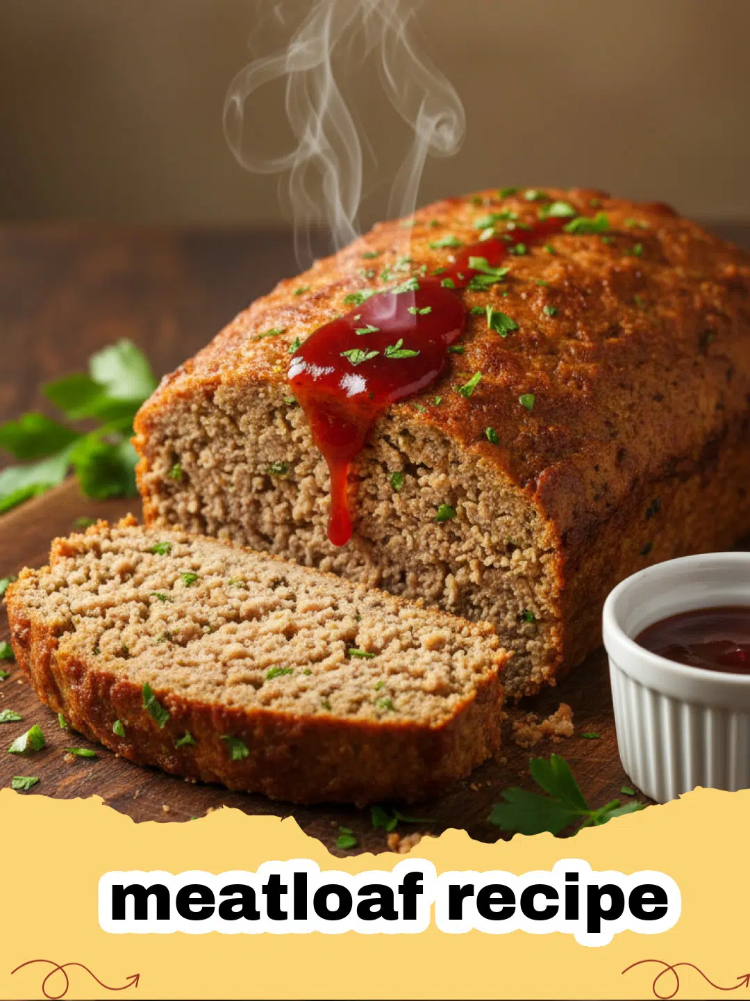 A perfectly baked, glazed classic meatloaf recipe on a serving platter with mashed potatoes and green beans.