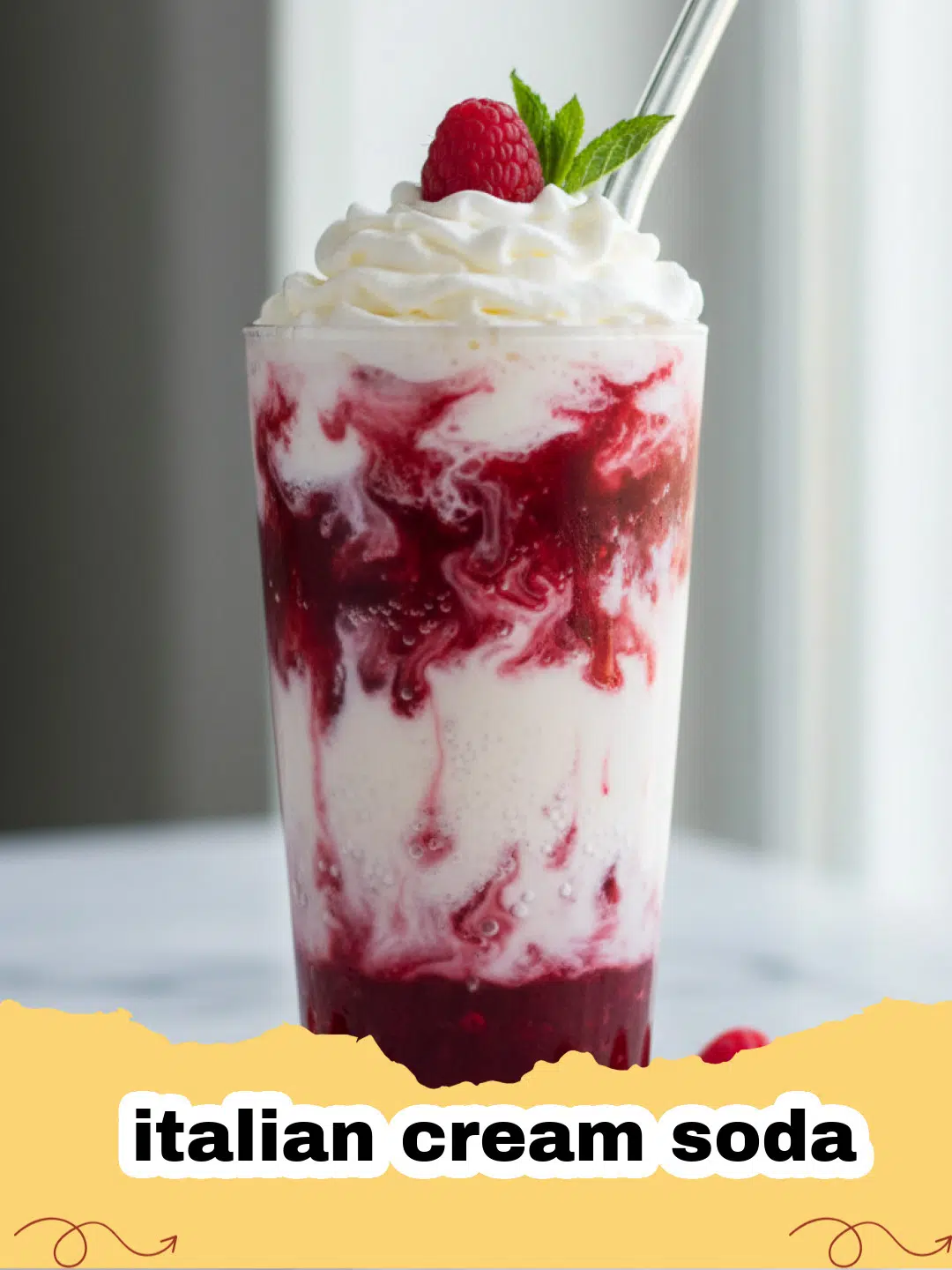 italian cream soda - Tall glass of homemade Italian Cream Soda with raspberry syrup, half-and-half, club soda, topped with whipped cream and a cherry