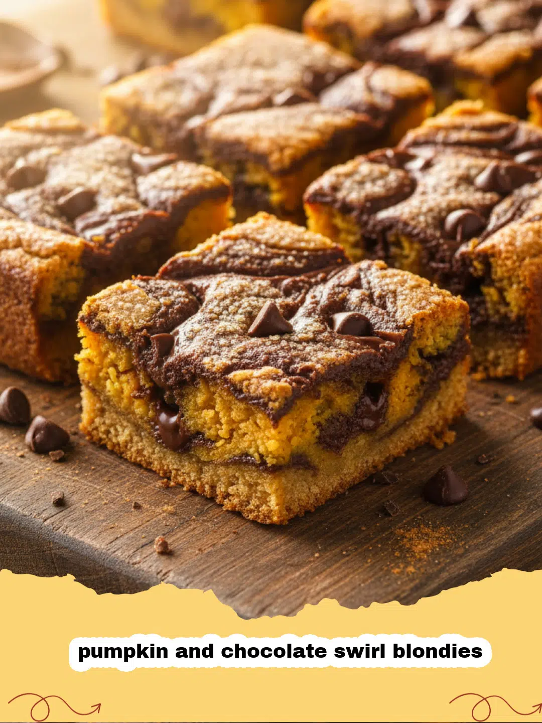 A tray of freshly baked pumpkin and chocolate swirl blondies with a marbled orange and dark brown pattern.