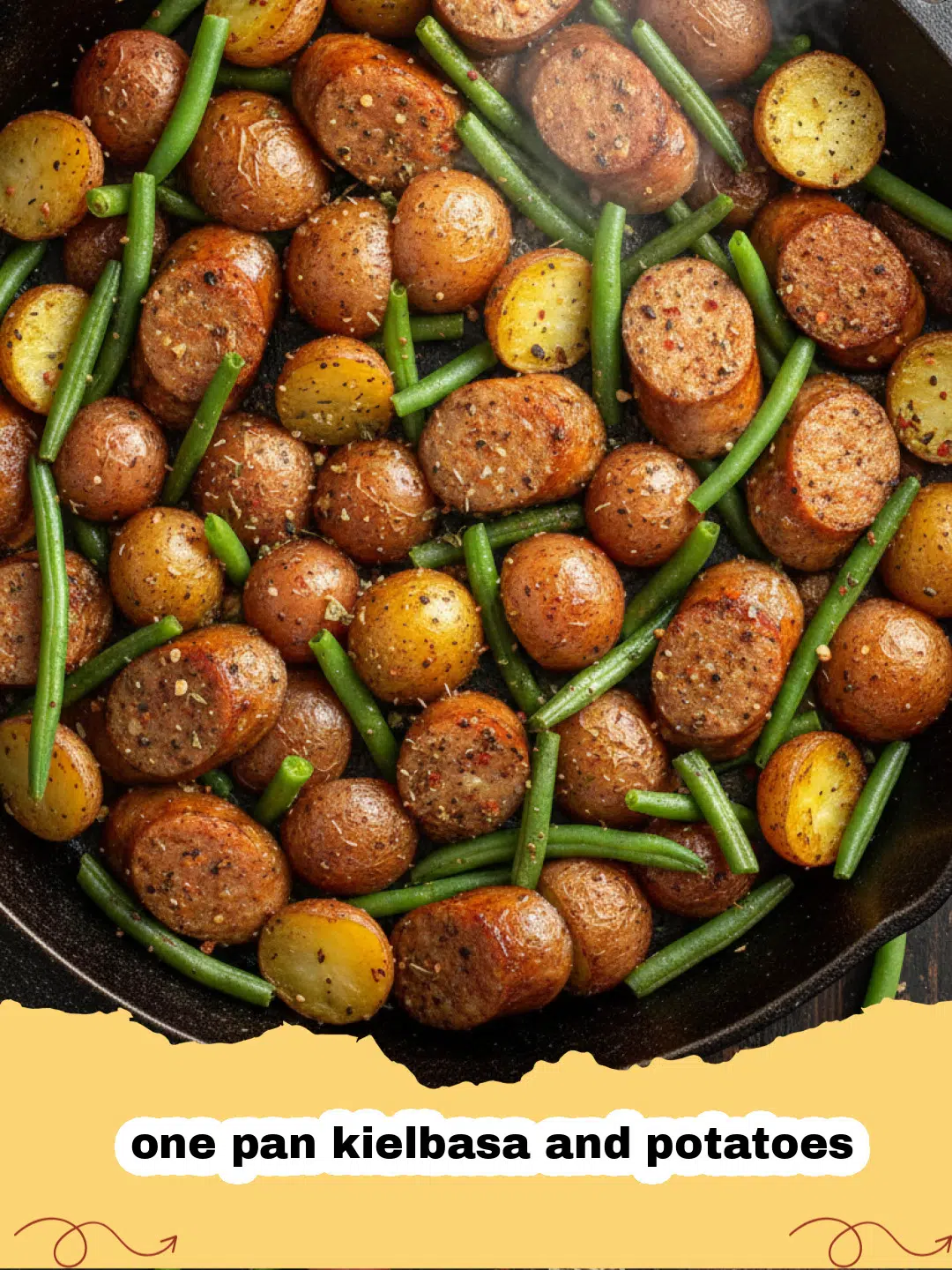 one pan kielbasa and potatoes - One Pan Kielbasa and Potatoes on a baking sheet, golden brown and garnished with fresh parsley.