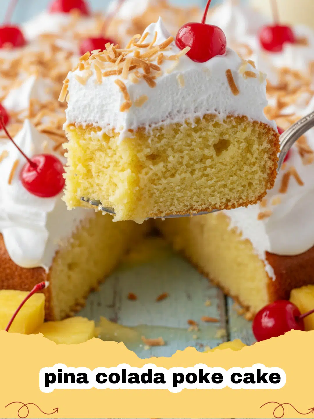pina colada poke cake - Close-up of a slice of Pina Colada Poke Cake with whipped cream, pineapple, and cherry garnish