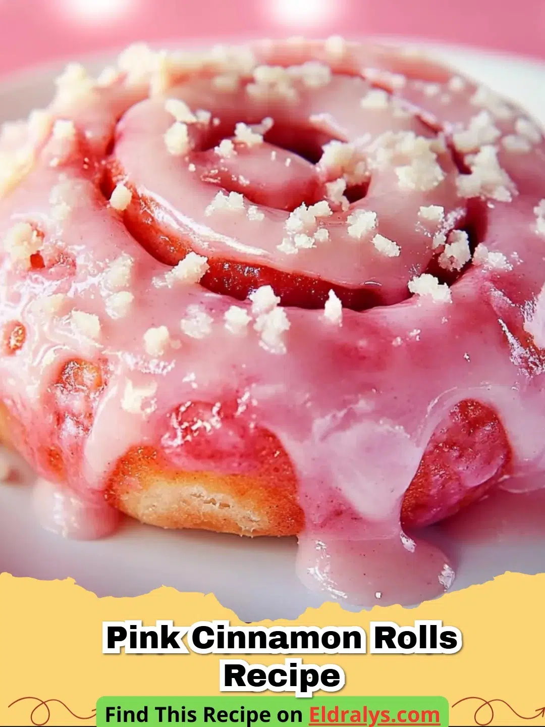 A tray of freshly baked rolls made using this Pink Cinnamon Rolls Recipe with white glaze.