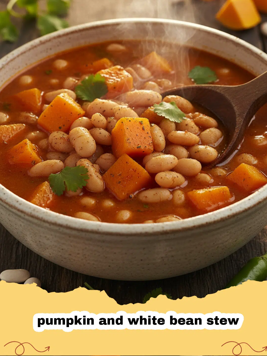 A rustic bowl of pumpkin and white bean stew garnished with fresh sage and pumpkin seeds.