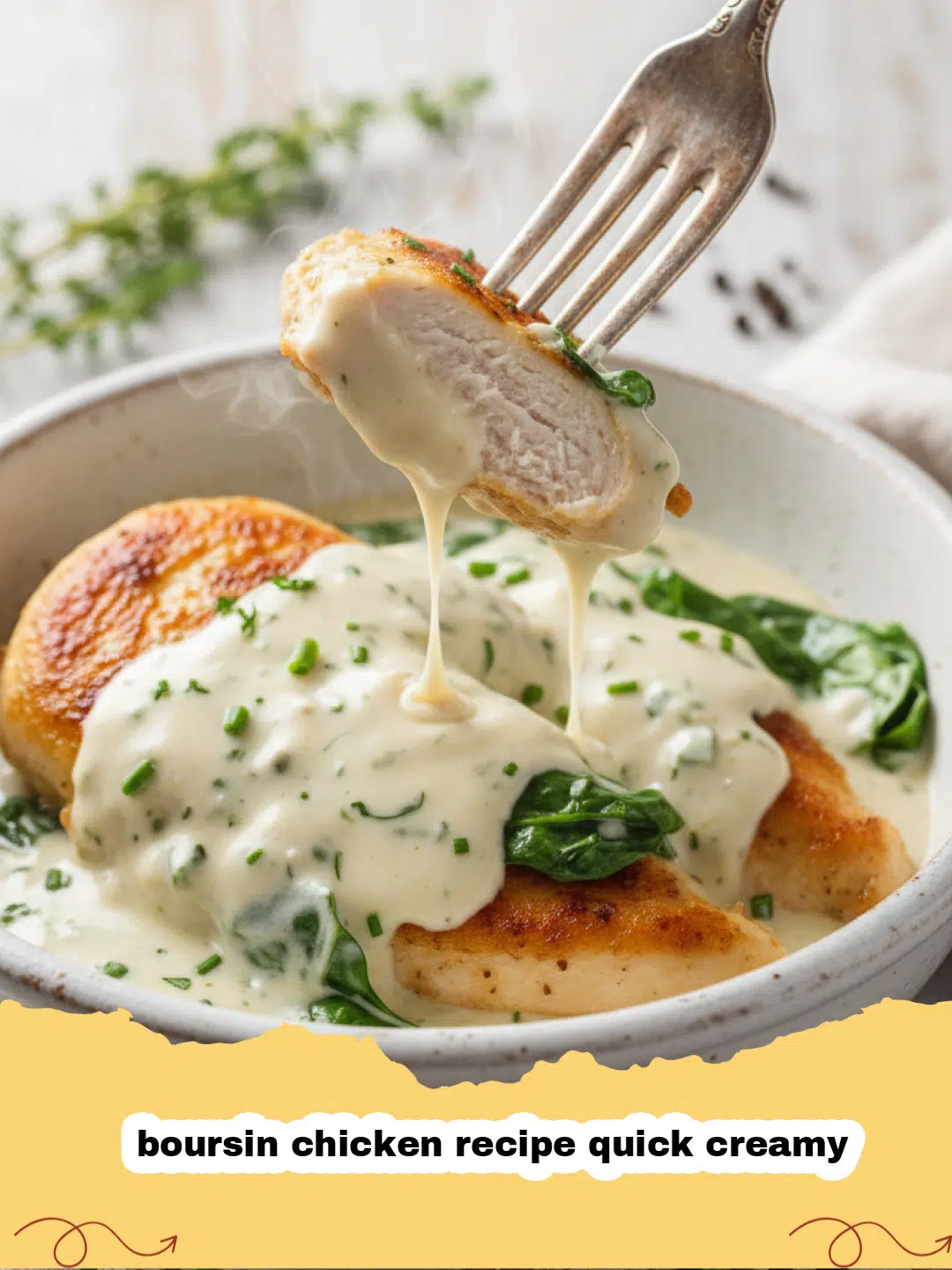 boursin chicken recipe quick creamy - Close-up of creamy Boursin chicken with spinach, served in a skillet.
