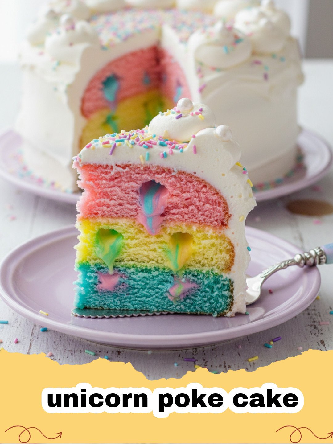 A slice of vibrant rainbow unicorn poke cake with sprinkles and whipped topping.