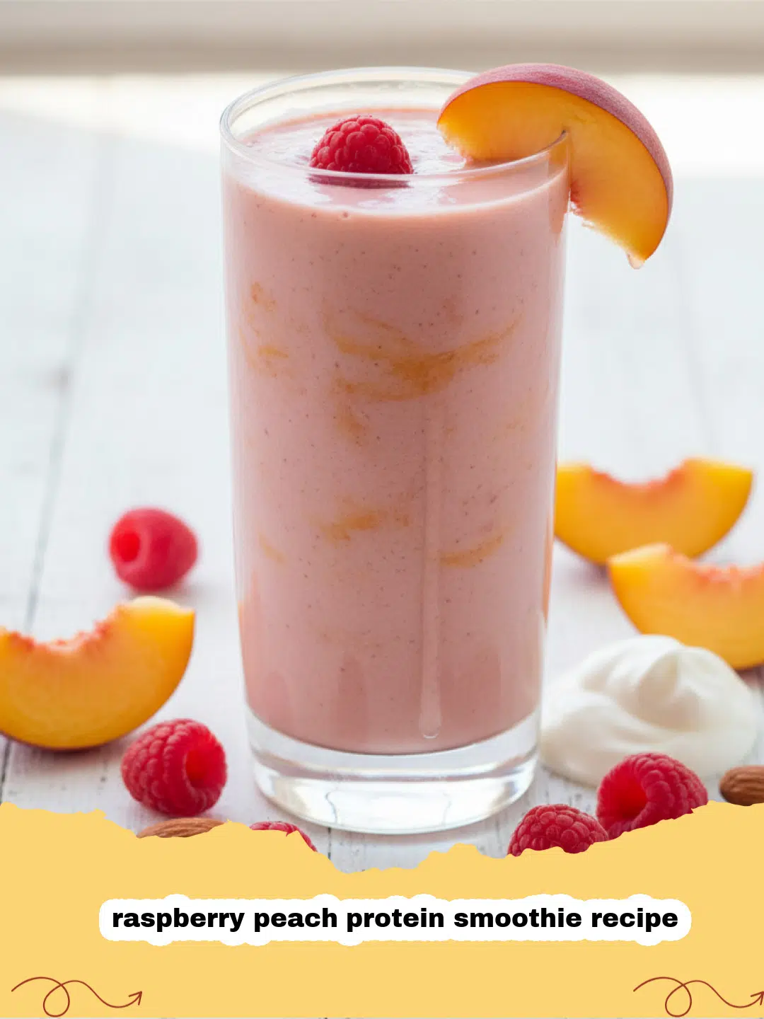 raspberry peach protein smoothie recipe - Vibrant raspberry peach protein smoothie in a glass with fresh fruit