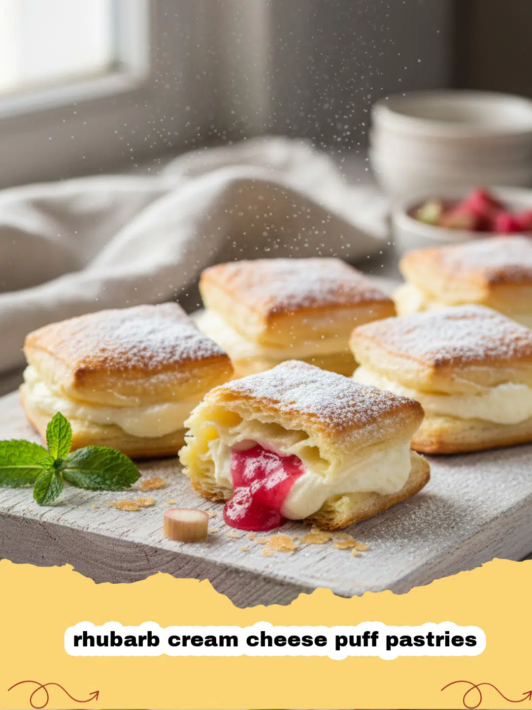 Golden brown rhubarb cream cheese puff pastries dusted with powdered sugar on a cooling rack.