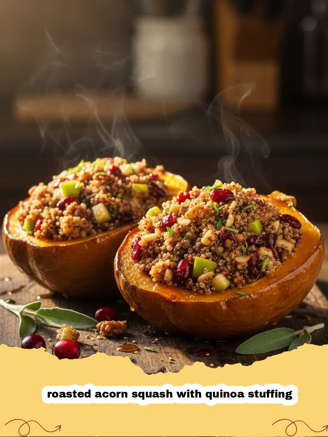 Two halves of roasted acorn squash with quinoa stuffing, garnished with fresh herbs and pecans.