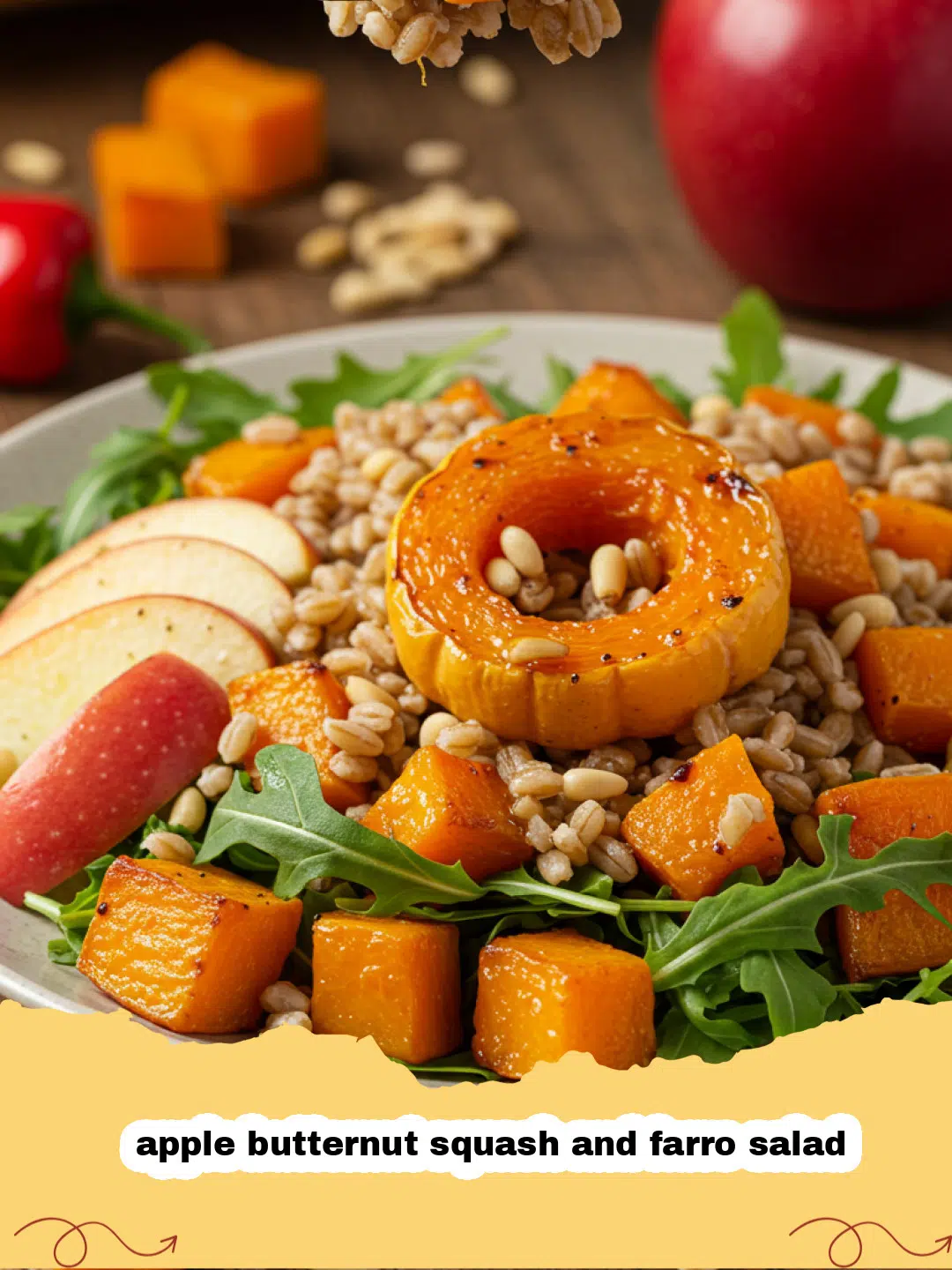 A vibrant bowl of apple butternut squash and farro salad with pecans and cranberries.