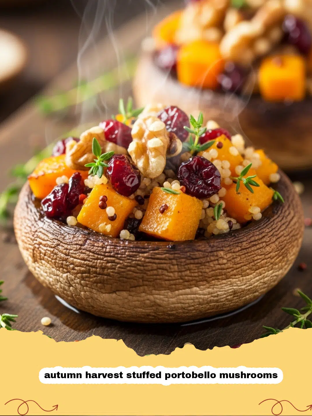 Close-up of golden roasted autumn harvest stuffed portobello mushrooms on a platter