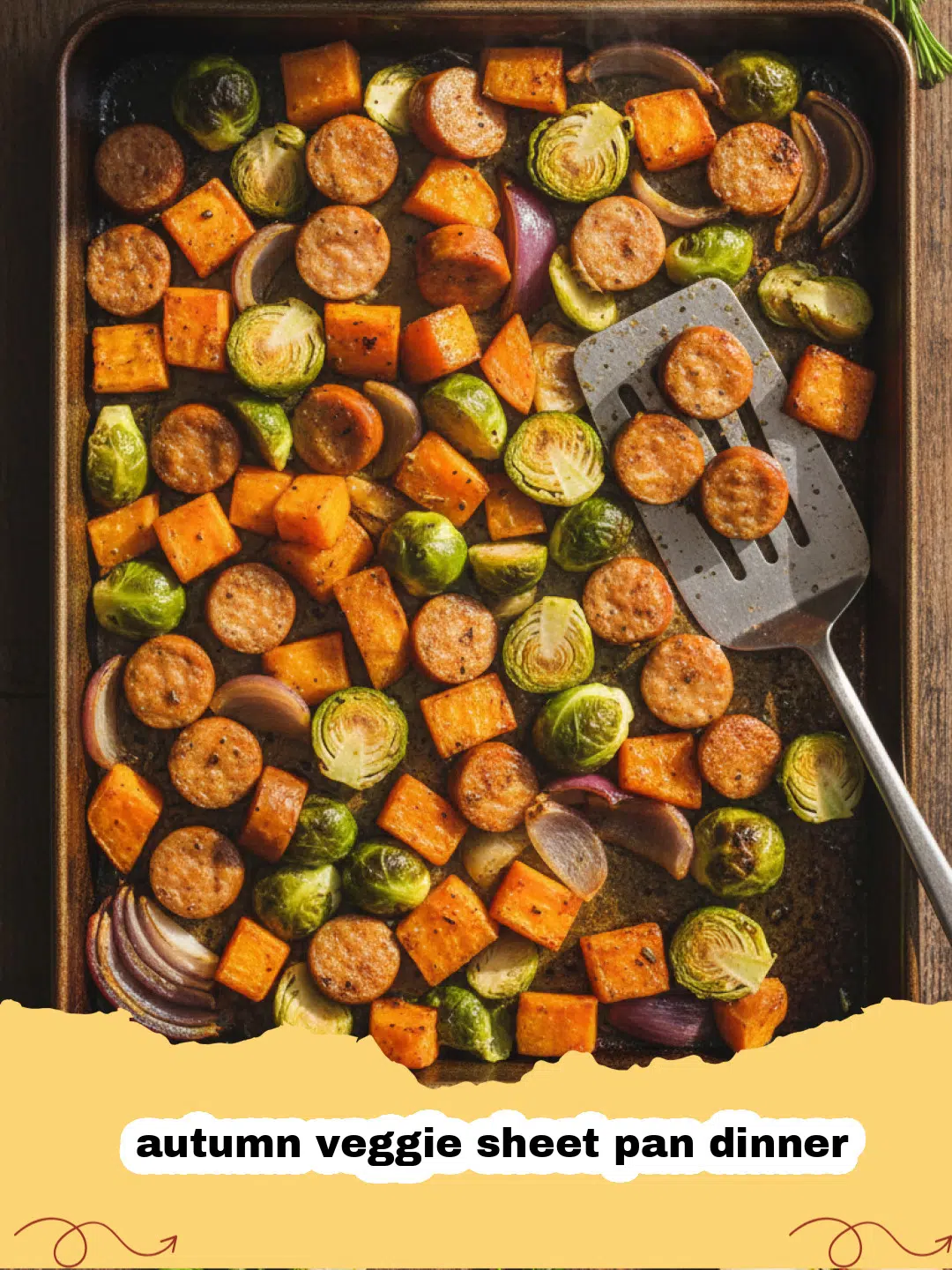 A colorful autumn veggie sheet pan dinner featuring roasted squash, sprouts, and pecans on a baking tray.