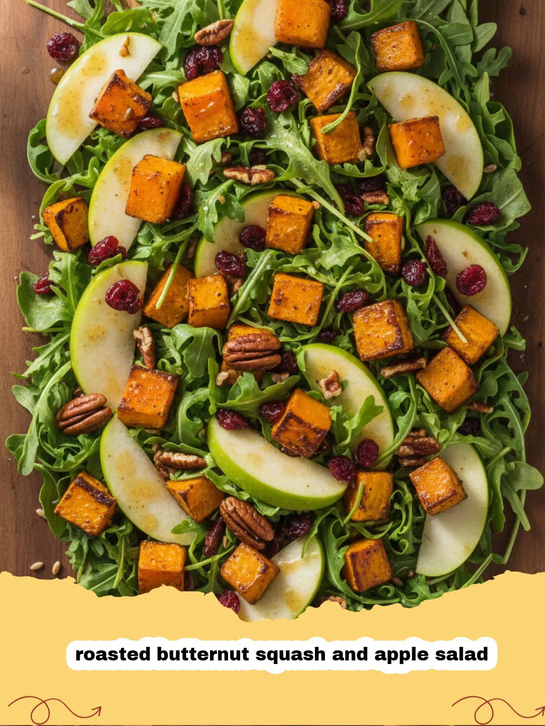 A large bowl of roasted butternut squash and apple salad with pecans and feta