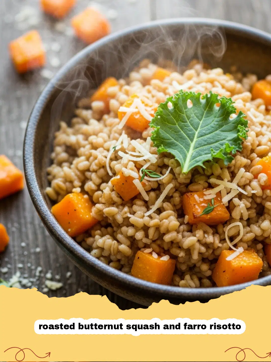 A bowl of creamy roasted butternut squash and farro risotto topped with sage and pumpkin seeds.
