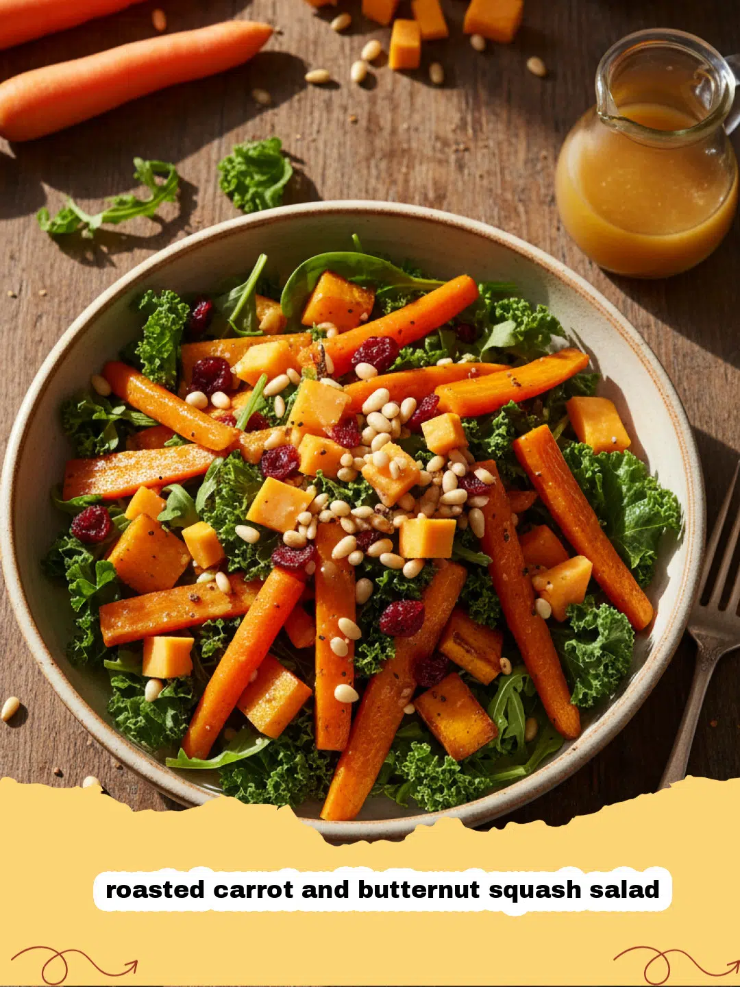 A close up of a roasted carrot and butternut squash salad with creamy dressing and seeds