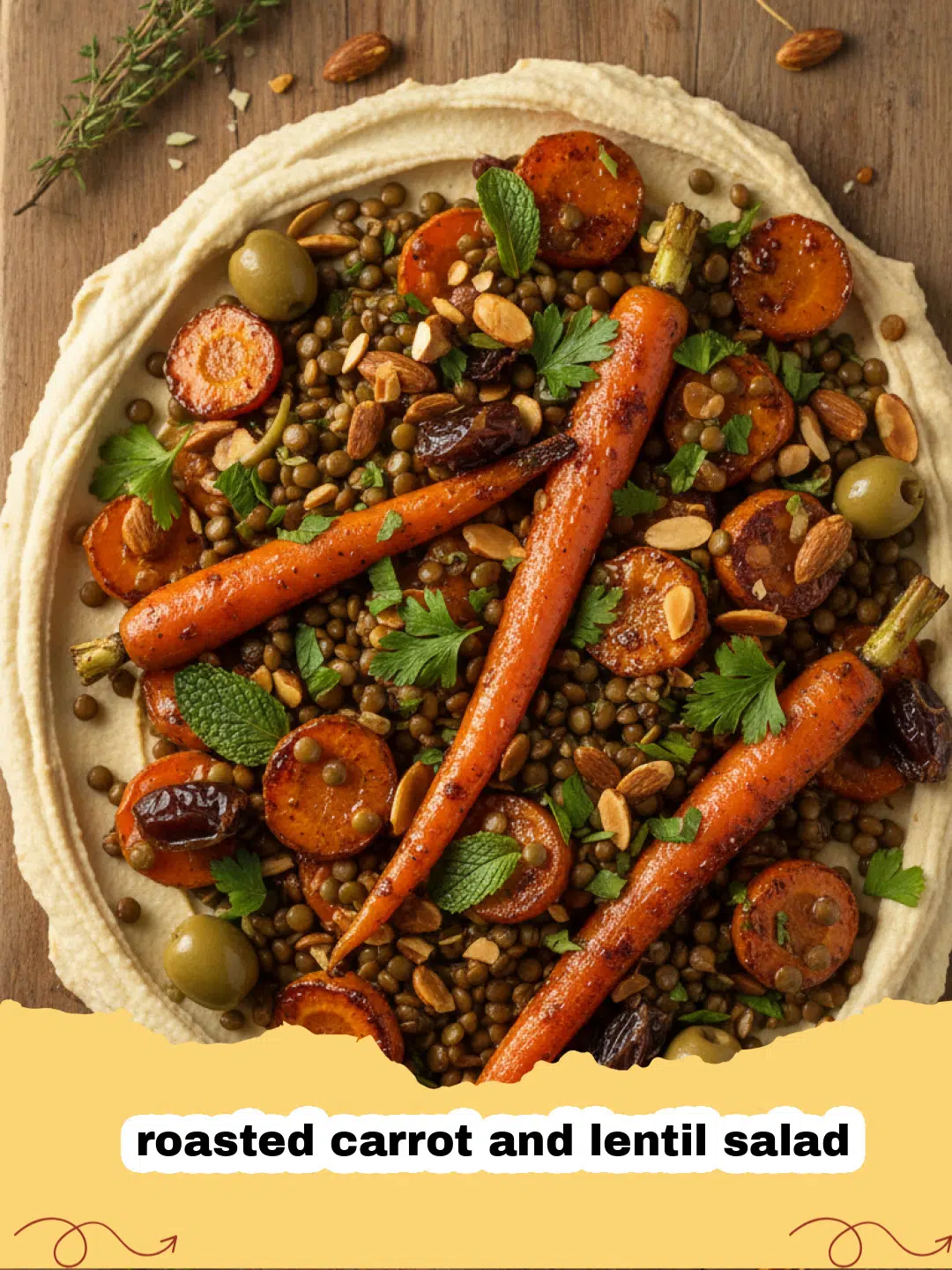 A vibrant roasted carrot and lentil salad served in a ceramic bowl topped with parsley and feta.