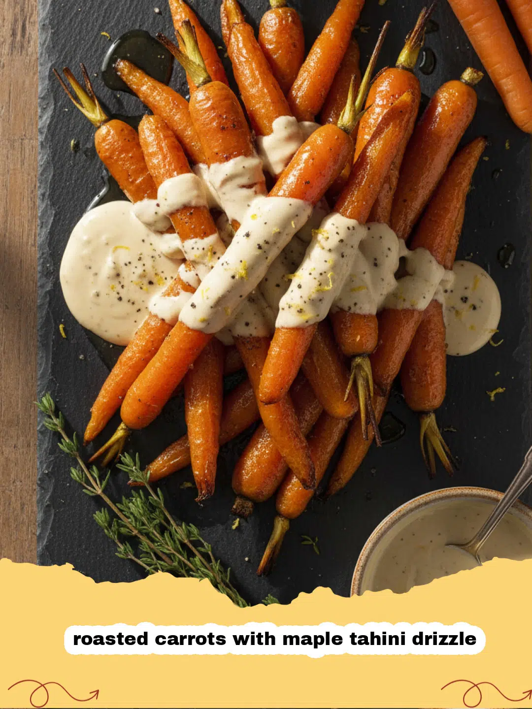 A beautiful platter of roasted carrots with maple tahini drizzle and fresh parsley.