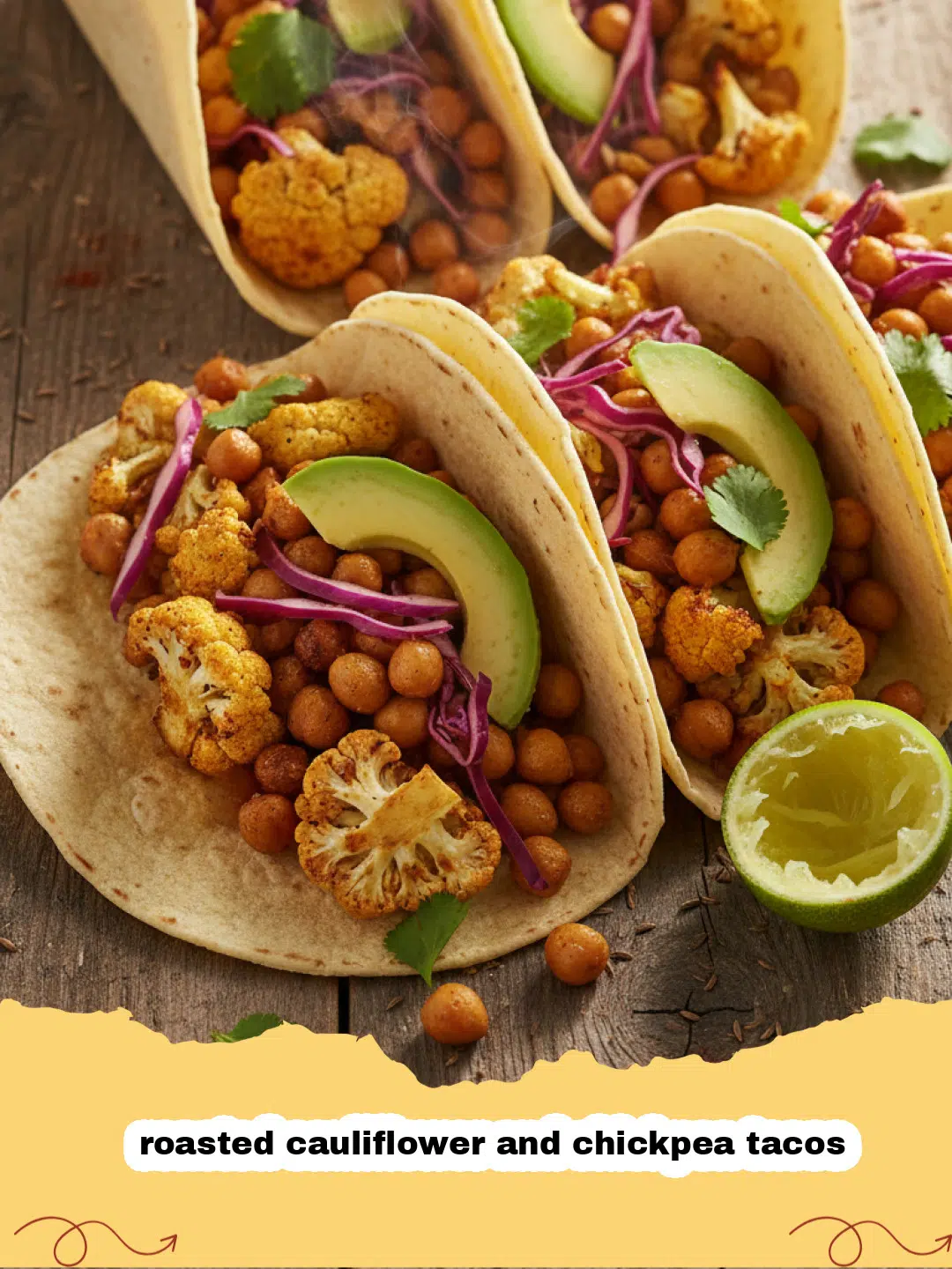 A plate of three roasted cauliflower and chickpea tacos topped with avocado and lime crema.