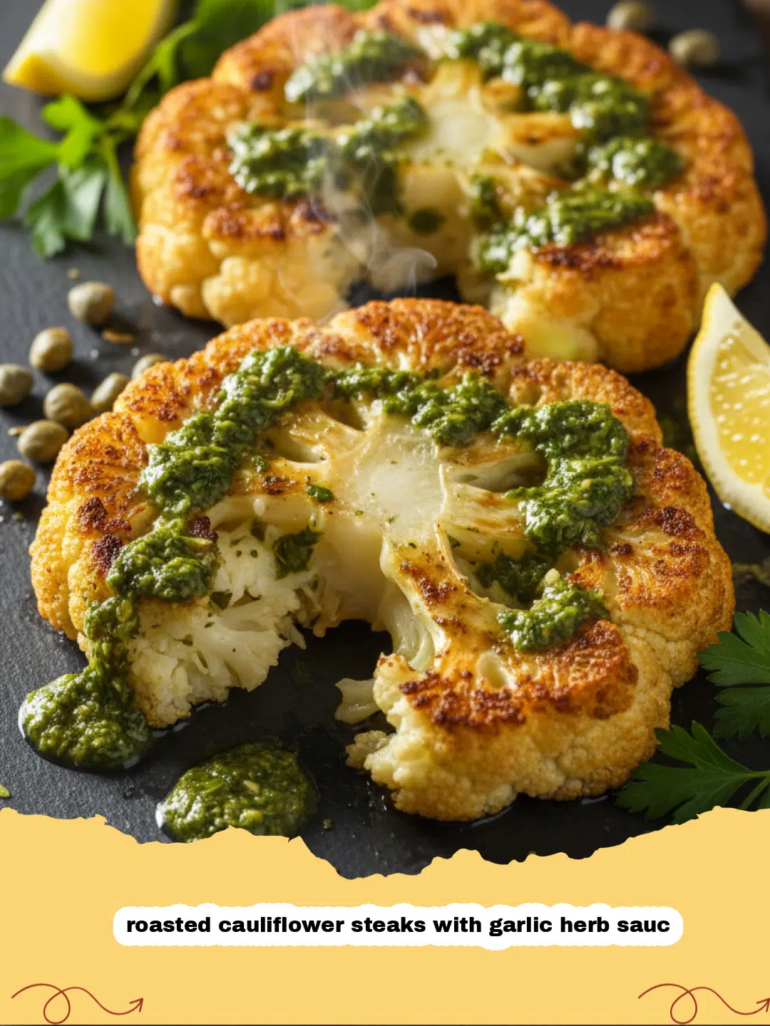 roasted cauliflower steaks with garlic herb sauc - Golden brown roasted cauliflower steaks drizzled with green garlic herb sauce on a white platter.