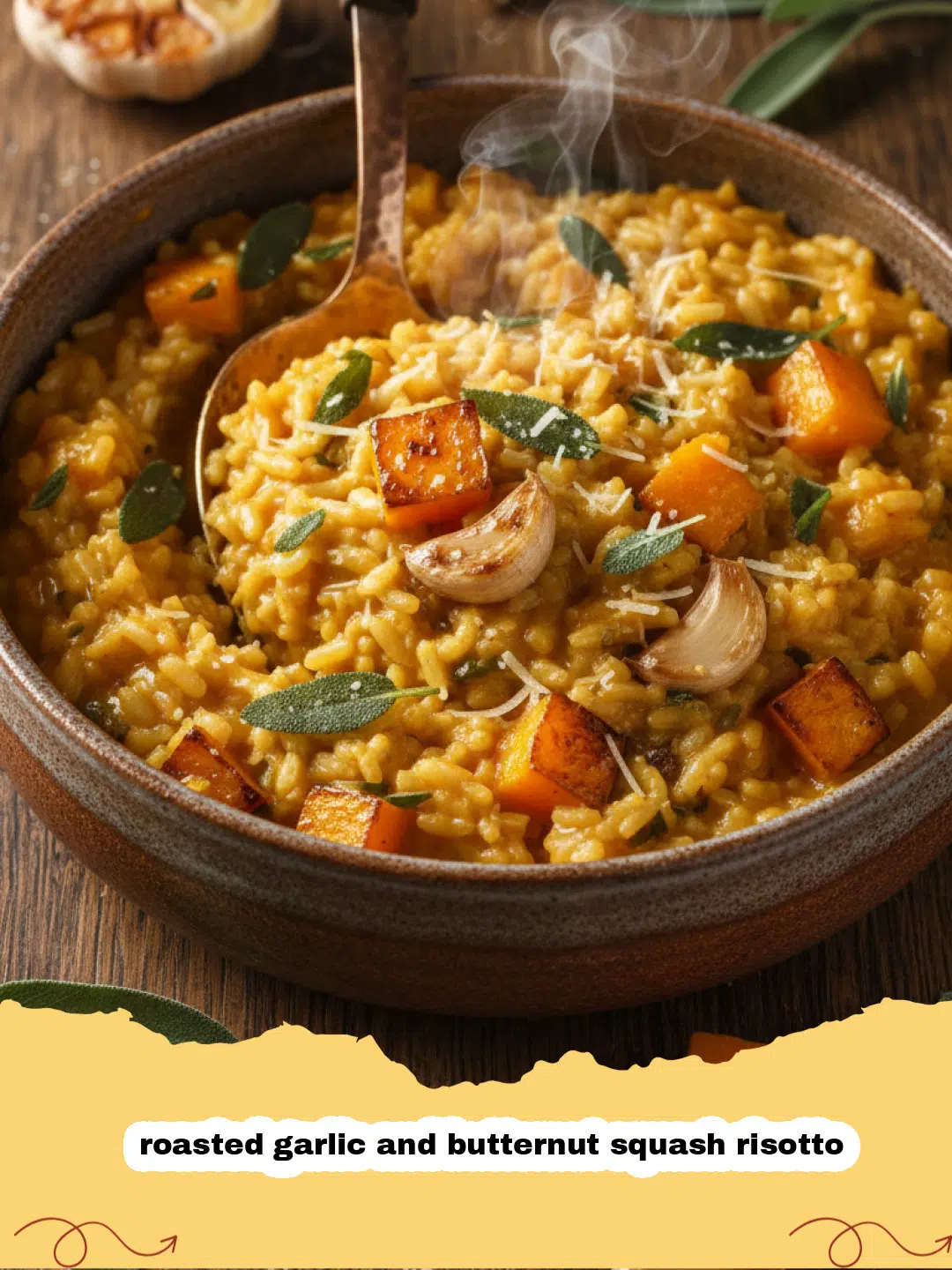 Close-up of creamy roasted garlic and butternut squash risotto in a white bowl, garnished with fresh herbs and Parmesan cheese.