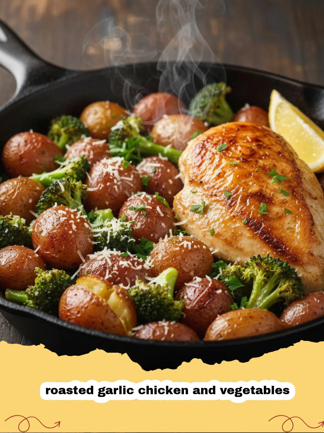 Close-up of golden brown roasted garlic chicken and vegetables on a baking sheet, garnished with fresh parsley.