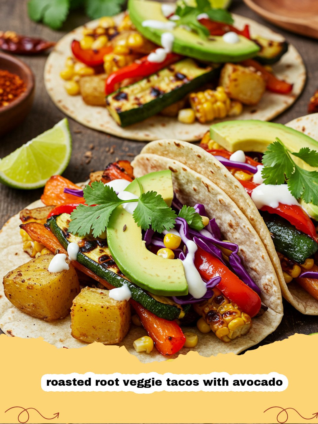 A plate of three roasted root veggie tacos with avocado, garnished with cilantro and lime.